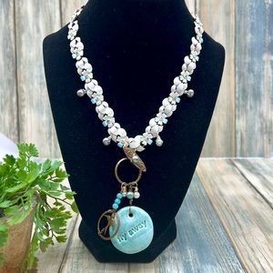 Handmade White Floral Necklace with Turquoise 'Fly Away' Pendant